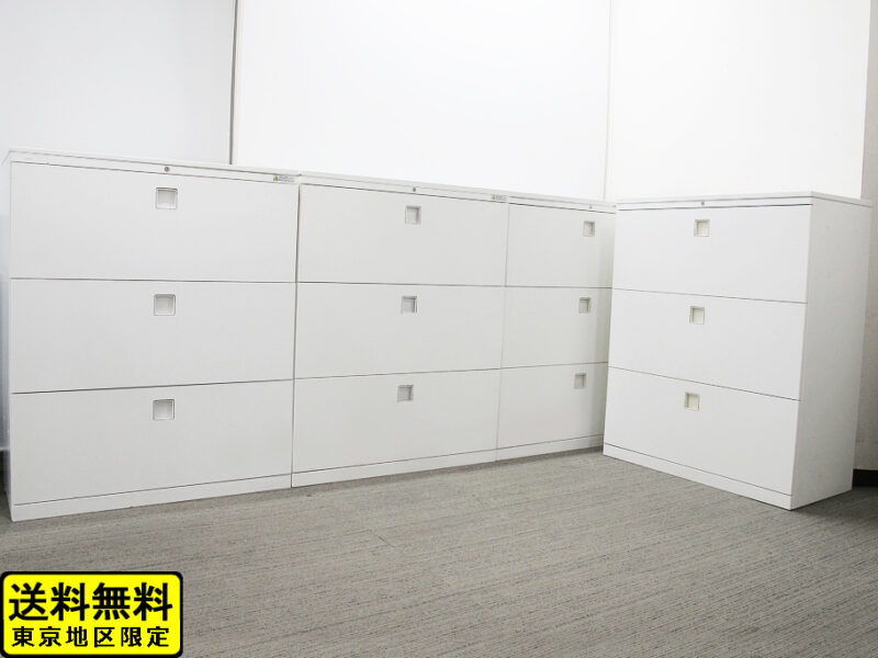 【送料無料 東京地区限定】【美品】４台セット 鍵付き書庫 ホワイト色 天板付き ラテラル書庫 ３段 スチールキャビネット 保管庫 収納棚 オカムラ 岡村製作所 レクトライン 国産