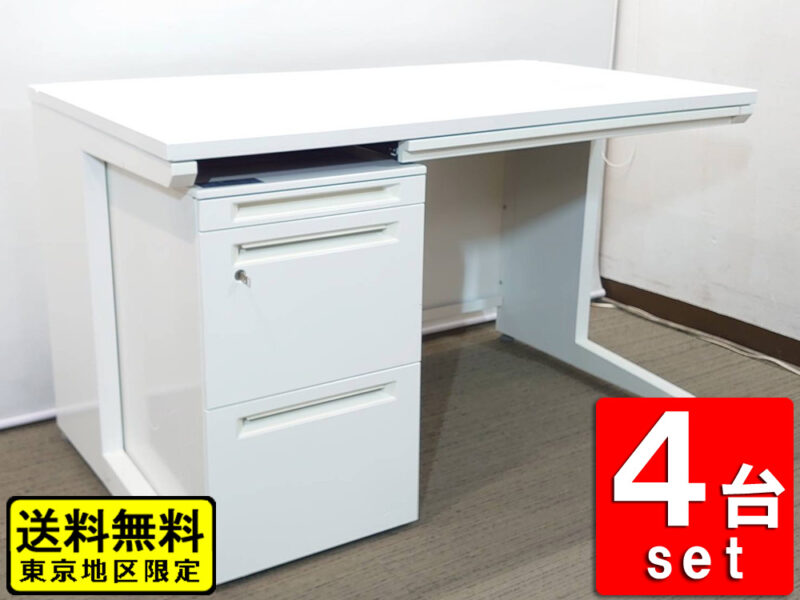 【人気のホワイト色】４人用 開業セット 片袖机 片袖デスク オフィスデスク スチールデスク 事務机 事務デスク 平机 デスクワゴン サイドワゴン キャスターワゴン ４台セット