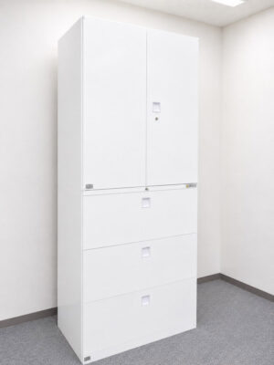 オカムラ レクトライン W900 H2150 上下書庫 両開き書庫 ラテラル書庫 キャビネット ホワイト カギ付き書庫 中古