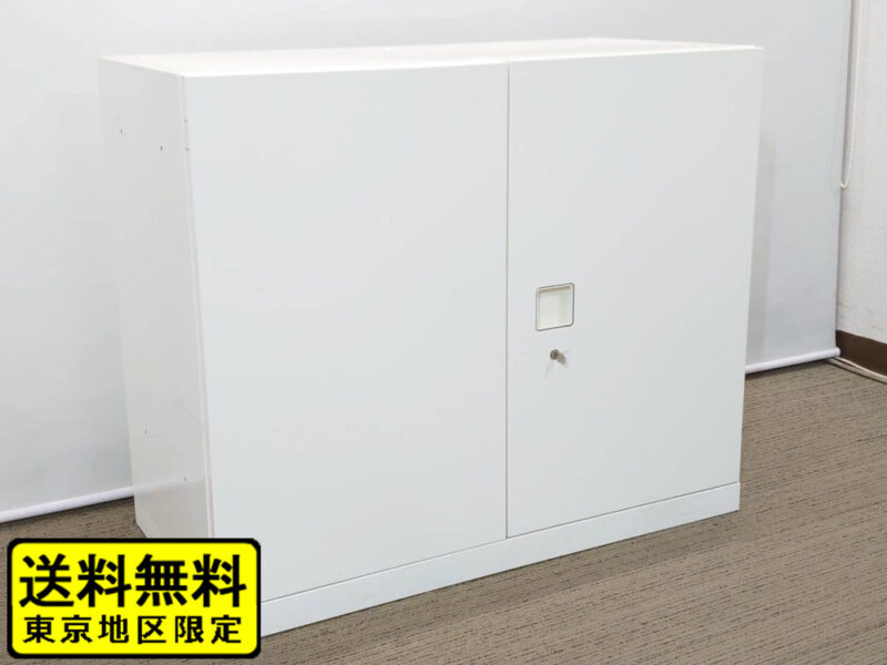 【送料無料 東京地区限定】両開き書庫 ベース付き キャビネット 2段 カギ付き書庫 ホワイト色 オカムラ レクトライン 国産 【中古】