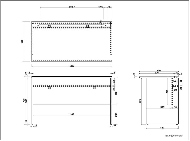 【法人様限定】送料無料 [ユピタシリーズ] RF木製デスク W1200xD600 ダーク RFWD-1260DB - 画像 (6)
