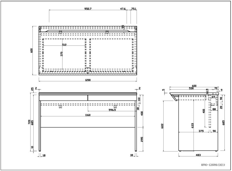 【法人様限定】送料無料 [ユピタシリーズ] RF木製デスク W1200 引出付き ダーク RFWD-1260DBD - 画像 (6)