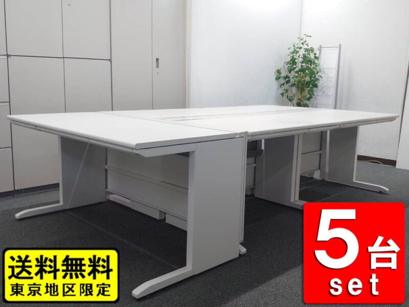 【送料無料 東京地区限定】【20台入荷】【美品】５台セット 平机 ５人用 開業セット ホワイト色 W1400×1台 W1000×4台 スチールデスク オフィスデスク 事務デスク ワークデスク 事務机 平デスク デスクセット ITOKI  CX 国産 【中古オフィス家具】【中古】