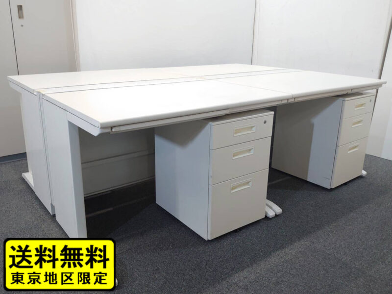 【送料無料 東京地区限定】 【美品】 ４人用 開業セット 平机 片袖机 スチールデスク オフィスデスク 事務デスク ワークデスク 事務机 平デスク 片袖デスク デスクセット ワゴン スチールワゴン サイドワゴン デスクワゴン ホワイト色 デスク W1000×4台 3段ワゴン×4台 【中古オフィス家具】【中古】