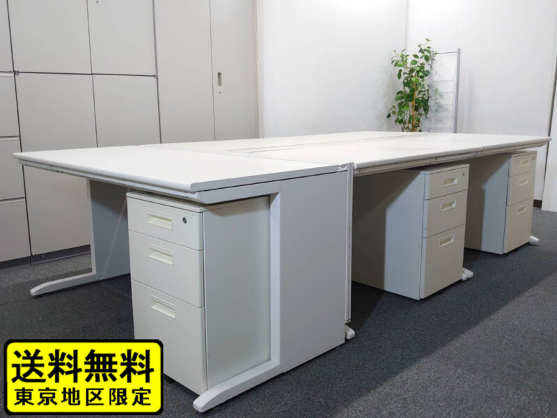 【送料無料 東京地区限定】 【美品】 ５人用 開業セット 平机 片袖机 スチールデスク オフィスデスク 事務デスク ワークデスク 事務机 平デスク 片袖デスク デスクセット ホワイト色 ワゴン スチールワゴン サイドワゴン デスクワゴン デスク W1400×1台 W1000×4台 3段ワゴン×5台  【中古オフィス家具】【中古】