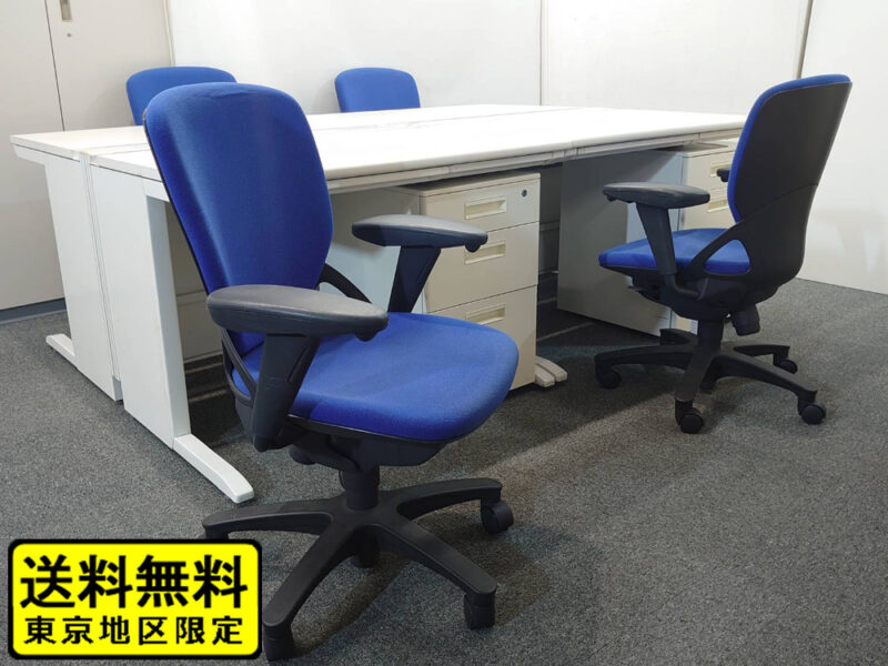 【送料無料 東京地区限定】 【美品】 ４人用 開業セット 平机 片袖机 スチールデスク オフィスデスク 事務デスク ワークデスク 事務机 平デスク 片袖デスク デスクセット ホワイト色 ワゴン スチールワゴン オフィスチェア プレーゴ デスク×4台 3段ワゴン×4台 チェア×4脚 【中古オフィス家具】【中古】