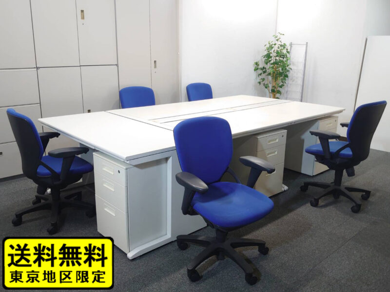 【送料無料 東京地区限定】 【美品】 ５人用 開業セット 平机 片袖机 スチールデスク オフィスデスク 事務デスク ワークデスク 事務机 平デスク 片袖デスク デスクセット ホワイト色 ワゴン スチールワゴン オフィスチェア プレーゴ デスク W1400×1台 W1000×4台 3段ワゴン×5台 チェア×5脚 【中古オフィス家具】【中古】