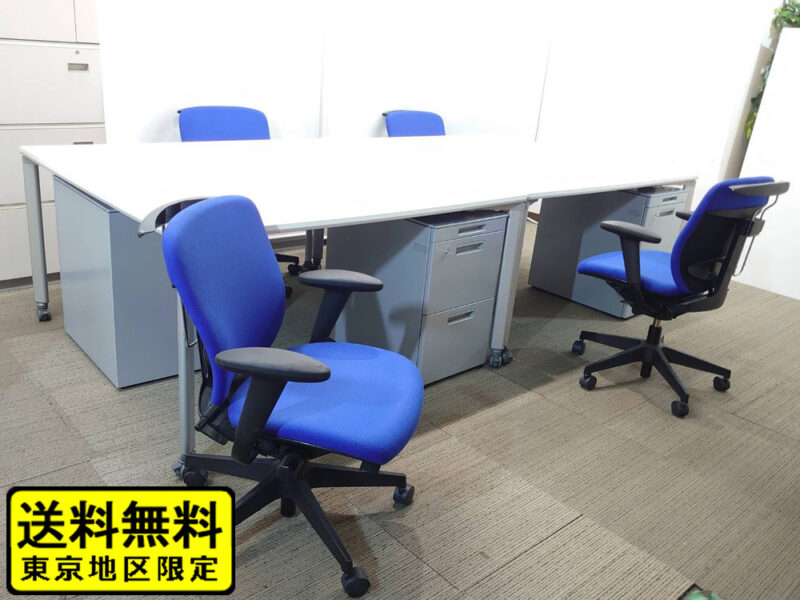 【送料無料 地域限定】 ４人用 フリーアドレス デスクセット コクヨ ワークソート ワークテーブルセット W1400×2台 フリアド 平机 片袖机 可動式 オフィステーブル ミーティングテーブル 会議テーブル 多目的テーブル SDT-WS1414PAW 開業セット 国産 【中古オフィス家具】【中古】