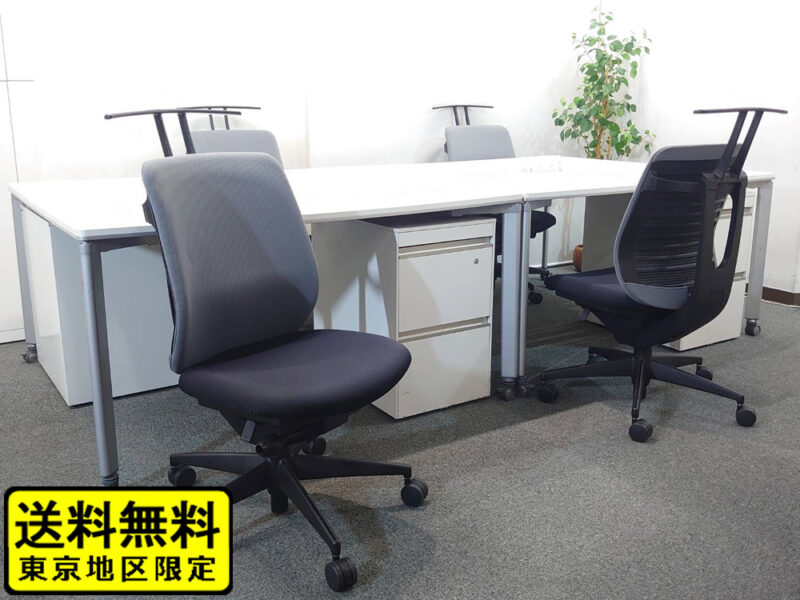 【送料無料 地域限定】 ４人用 フリーアドレス デスクセット コクヨ ワークソート ワークテーブルセット W1400×2台 フリアド 平机 片袖机 可動式 オフィステーブル ミーティングテーブル 会議テーブル 多目的テーブル SDT-WS1414PAW 開業セット 国産 【中古オフィス家具】【中古】