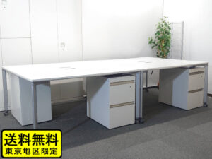 送料無料 地域限定 4人用 フリーアドレス コクヨ ワークソート ワークテーブルセット デスクセット W1400×2台 フリアド 平机 片袖机 可動式 オフィステーブル ミーティングテーブル 会議テーブル 多目的テーブル SDT-WS1414PAW 開業セット デスク ワゴン 国産 【中古オフィス家具】【中古】