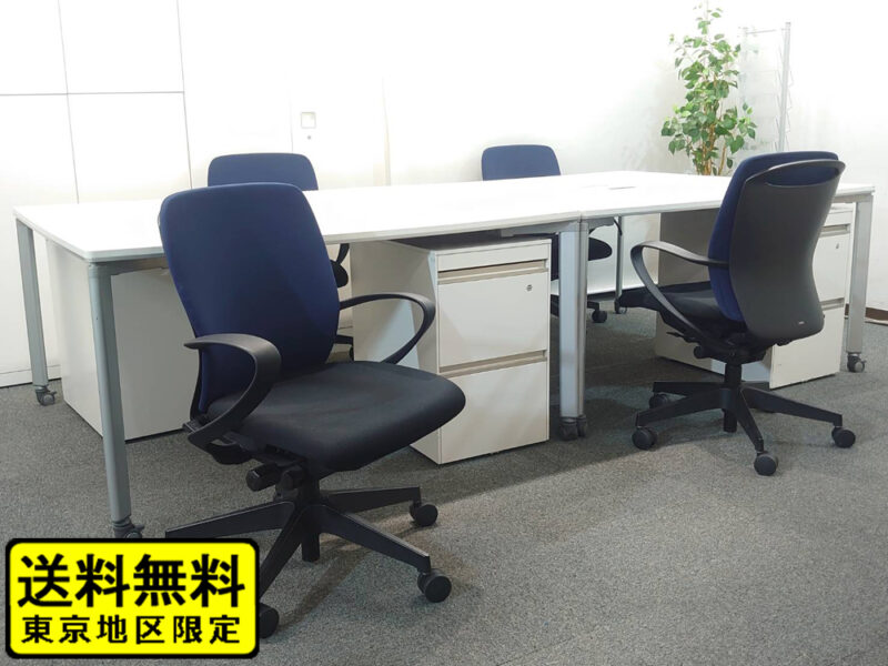 【送料無料 地域限定】 ４人用 フリーアドレス デスクセット コクヨ ワークソート ワークテーブルセット W1400×２台 フリアド 平机 片袖机 可動式 オフィステーブル ミーティングテーブル 会議テーブル 多目的テーブル SDT-WS1414PAW 開業セット 国産 【中古オフィス家具】【中古】