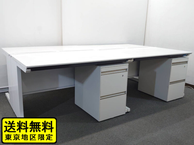 送料無料 東京地区限定 ４人用 開業セット 片袖机 片袖デスク オフィスデスク スチールデスク 事務机 事務デスク 平机 デスクワゴン サイドワゴン キャスターワゴン ホワイト色 デスクセット W1200×D700×H720 コクヨ SDP-ISN12FSAW イトーキ JF-046MPCB-W9 【中古オフィス家具】【中古】