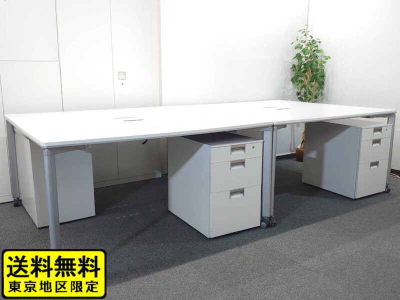 フリーアドレス デスクセット 在庫多数 100席分 東京地区送料無料 ４名用  フリアド コクヨ ワークソート ワークテーブルセット W1400×２台 フリアド 平机 片袖机 可動式 オフィステーブル ミーティングテーブル 会議テーブル 多目的テーブル SDT-WS1414PAW 開業セット 国産 【中古オフィス家具】【中古】オフィスパートナー