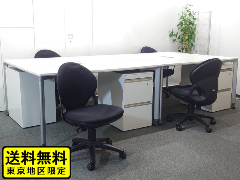 【送料無料 地域限定】 4人用 フリーアドレス デスクセット コクヨ ワークソート ワークテーブルセット デスクセット W1400×2台 フリアド 平机 片袖机 可動式 オフィステーブル ミーティングテーブル 会議テーブル 多目的テーブル SDT-WS1414PAW 開業セット 国産 【中古オフィス家具】【中古】