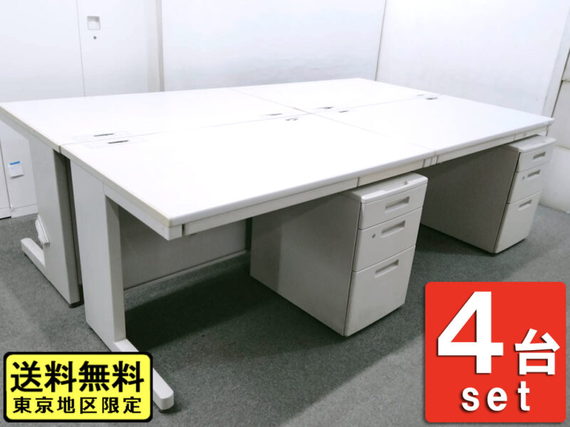 【送料無料 東京地区限定】【大量入荷】４人用 開業セット 片袖机 片袖デスク オフィスデスク スチールデスク 事務机 事務デスク 平机 デスクワゴン サイドワゴン キャスターワゴン ４台セット コクヨ BS 国産 W1200×D700×H700 【中古オフィス家具】【中古】