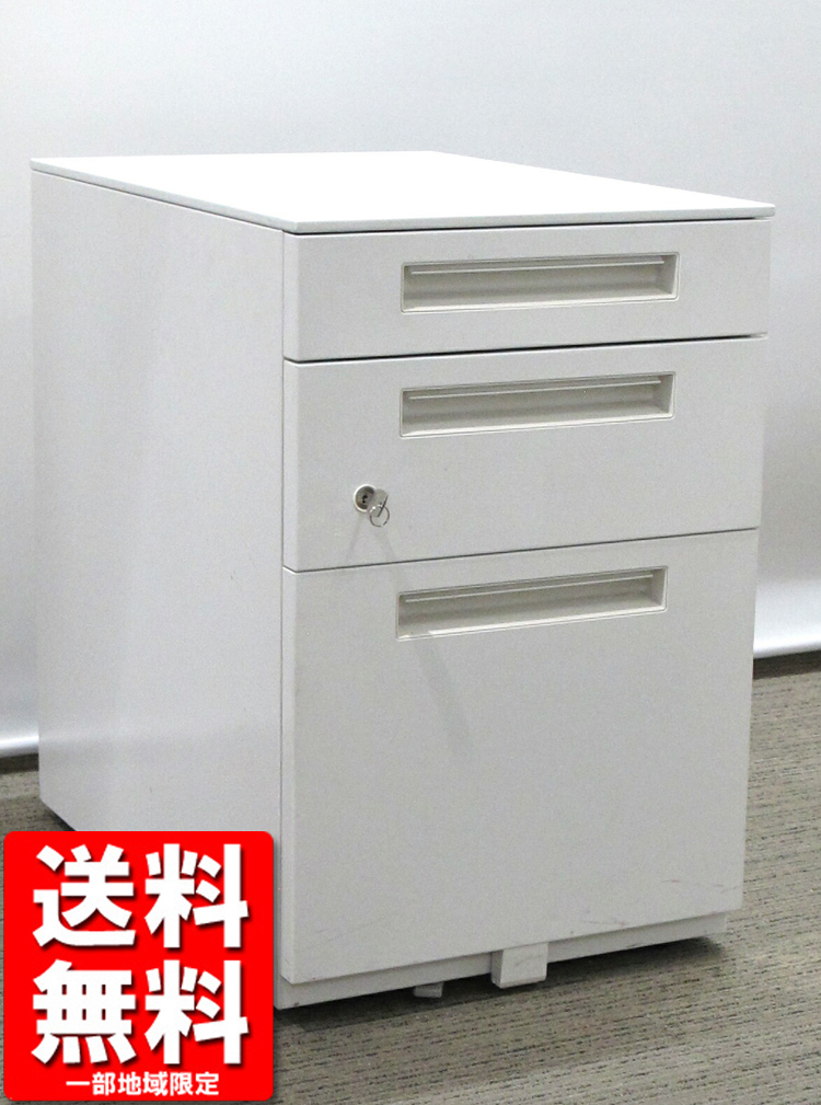 ワゴン 3段 イナバ デスクワゴン ホワイト カギ付き キャスターワゴン 袖机 脇机 Sワゴン B4-3-606CK 中古
