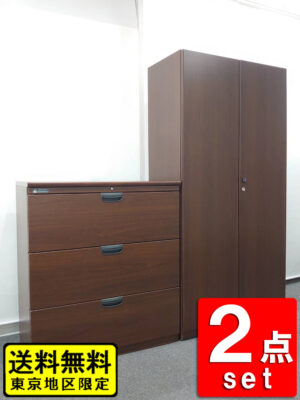 【送料無料 東京地区限定】 役員家具2点セット オカムラ 木製 両開き書庫 ラテラル 3段 鍵付き書庫 キャビネット 両開き 収納 DX-4シリーズ 役員室 社長室 応接室 【中古オフィス家具】 【中古】