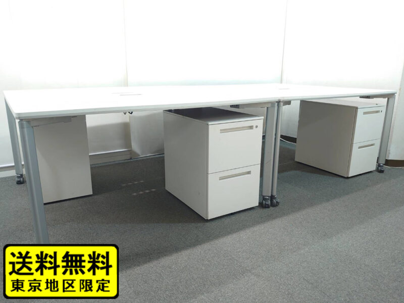 【送料無料 地域限定】 ４人用 フリーアドレス デスクセット コクヨ ワークソート ワークテーブルセット W1400×２台 フリアド 平机 片袖机 可動式 オフィステーブル ミーティングテーブル 会議テーブル 多目的テーブル SDT-WS1414PAW 開業セット 国産 【中古オフィス家具】【中古】