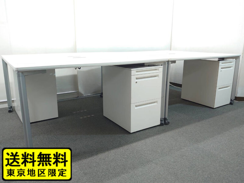 【送料無料 地域限定】 ４人用 フリーアドレス デスクセット コクヨ ワークソート ワークテーブルセット W1400×２台 フリアド 平机 片袖机 可動式 オフィステーブル ミーティングテーブル 会議テーブル 多目的テーブル SDT-WS1414PAW 開業セット 国産 【中古オフィス家具】【中古】