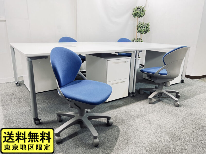 【送料無料 地域限定】 ４人用 フリーアドレス デスクセット コクヨ ワークソート ワークテーブルセット W1400×2台 フリアド 平机 片袖机 可動式 オフィステーブル ミーティングテーブル 会議テーブル 多目的テーブル SDT-WS1414PAW 開業セット 国産 【中古オフィス家具】【中古】