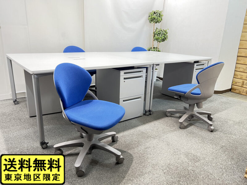 【送料無料 地域限定】 ４人用 フリーアドレス デスクセット コクヨ ワークソート ワークテーブルセット W1400×2台 フリアド 平机 片袖机 可動式 オフィステーブル ミーティングテーブル 会議テーブル 多目的テーブル SDT-WS1414PAW 開業セット 国産 【中古オフィス家具】【中古】