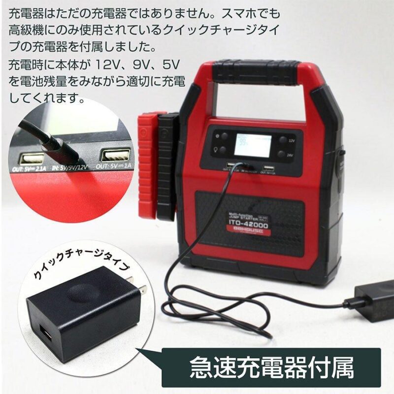 ジャンプスターター 大容量 24V 12V ITO-42000ｍAh メーカー保証1年 88ハウス USB typeC エンジンスターター 急速充電対応 安全保護機能付き 最新リチウム電池搭載 マルチファンクションタイプ - 画像 (10)