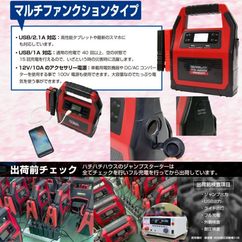 ジャンプスターター 大容量 24V 12V ITO-42000ｍAh メーカー保証1年 88ハウス USB typeC エンジンスターター 急速充電対応 安全保護機能付き 最新リチウム電池搭載 マルチファンクションタイプ - 画像 (6)