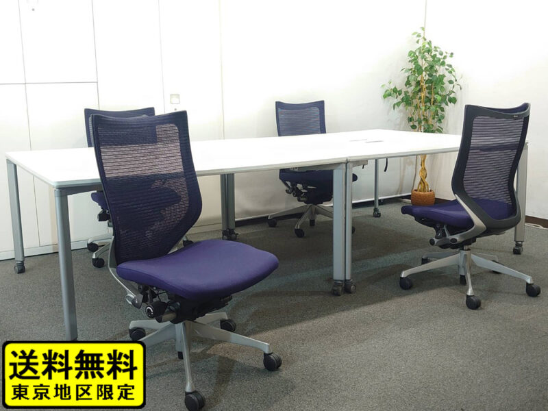 【送料無料 地域限定】４人用 フリーアドレス デスクセット コクヨ ワークソート ワークテーブルセット W1400×２台 フリアド 平机 片袖机 可動式 オフィステーブル ミーティングテーブル 会議テーブル 多目的テーブル キャスター付き SDT-WS1414PAW 開業セット 国産 【中古オフィス家具】【中古】