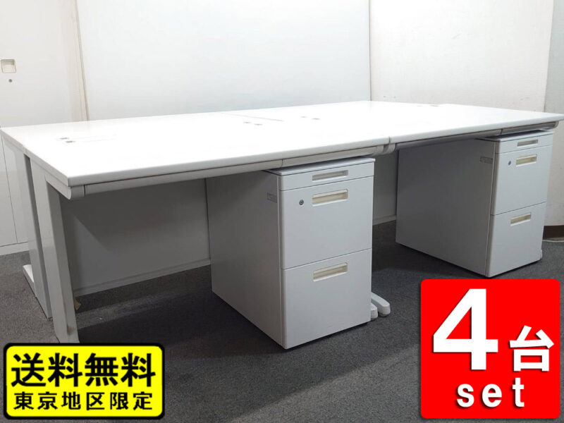【送料無料 東京地区限定】 ４人用 開業セット 片袖机 片袖デスク TOYOSTEEL オフィスデスク スチールデスク 事務机 事務デスク 平机 デスクワゴン サイドワゴン キャスターワゴン ４台セット W1100×D700×H720 ホワイト色 【中古オフィス家具】【中古】