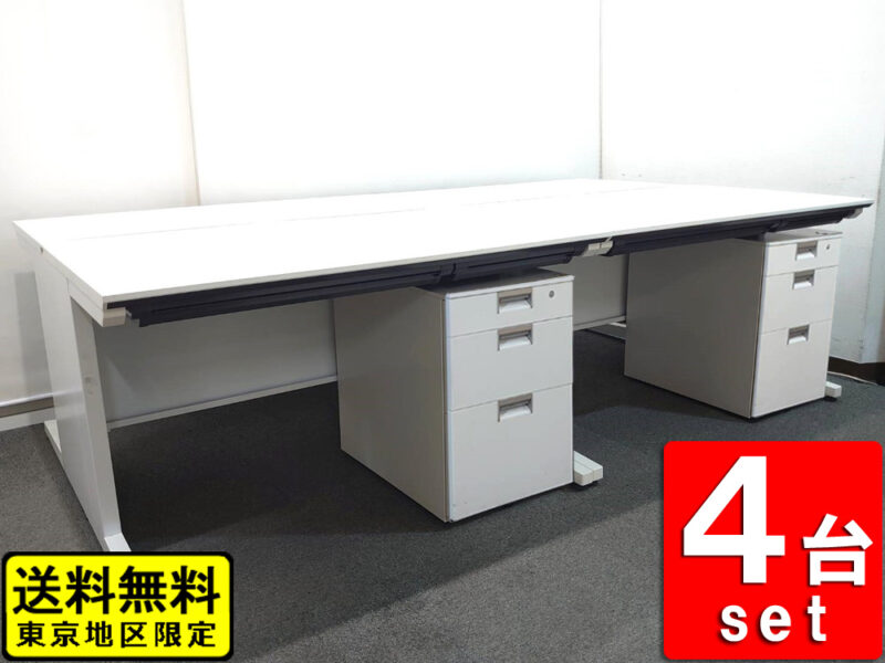 【送料無料 東京地区限定】 ４人用 開業セット 片袖机 片袖デスク コクヨ iS オフィスデスク スチールデスク 事務机 事務デスク 平机 デスクワゴン サイドワゴン キャスターワゴン ４台セット W1200×D700×H720 ホワイト色 【中古オフィス家具】【中古】