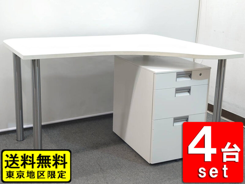 【送料無料 東京地区限定】 ４人用 開業セット デスク ワゴン付き オフィスデスク 事務デスク 事務机 ワークデスク 平机 PLUS プラス D2 ４名用 平机＋ワゴンセット W1200 デスクワゴン ３段ワゴン インサイドワゴン 4台セット ITOKI イトーキ CX 国産 WA-0607-02【中古オフィス家具】【中古】