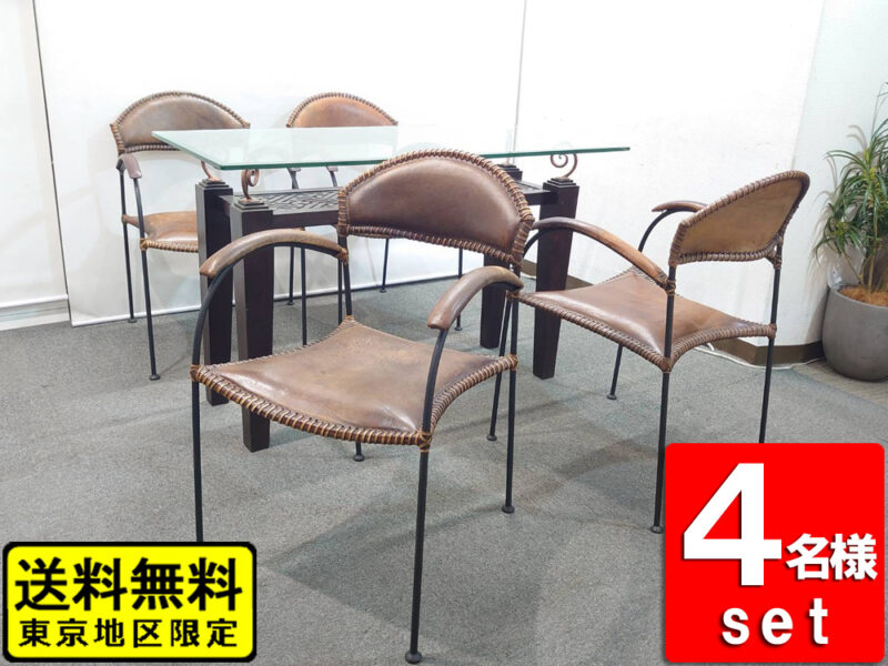 【送料無料 東京地区限定】４人用 応接セット アンティーク家具セット ガラステーブル ダイニングセット アンティーク調 本革アームチェア 応接テーブル 応接用テーブル 多目的テーブル 本革チェア バリ風 バリ調 【中古オフィス家具】【中古】