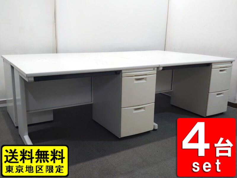 【送料無料 東京地区限定】４台セット イトーキ 片袖机 片袖デスク CZN オフィスデスク スチールデスク 事務デスク 事務机 ワークデスク ITOKI W1200×D700×H700４名用 ４人用 ホワイト色 カギ付き 鍵付き コードホール付き センター引出し付 CZシリーズ 国産【中古オフィス家具】【中古】