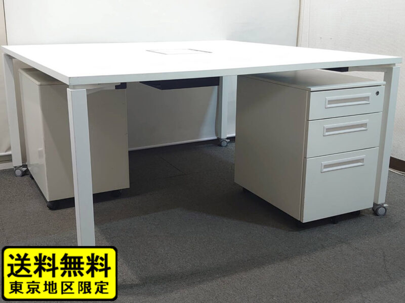 【送料無料 東京地区限定】 ２人用 コクヨ ワークフィット ワークデスク スタンダードテーブル W1400×D1400×H720 フリーアドレスデスク オフィスデスク ワークテーブル 両面タイプ キャスター脚 SDT-WF1414MAW ホワイト 国産 幅140cm WORKFIT フリアド ミーティングテーブル 会議テーブル デスクセット 井上金庫 デスクワゴン キャスターワゴン ３段ワゴン 角テーブル KOKUYO W1400 -00070【中古オフィス家具】【中古】