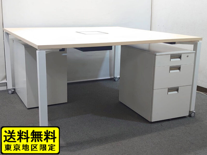 【送料無料 東京地区限定】 ２人用 コクヨ ワークフィット ワークデスク スタンダードテーブル W1400×D1400×H720 フリーアドレスデスク オフィスデスク ワークテーブル 両面タイプ キャスター脚 SDT-WF1414M10N ナチュラル イトーキ CXワゴン 国産【中古オフィス家具】【中古】