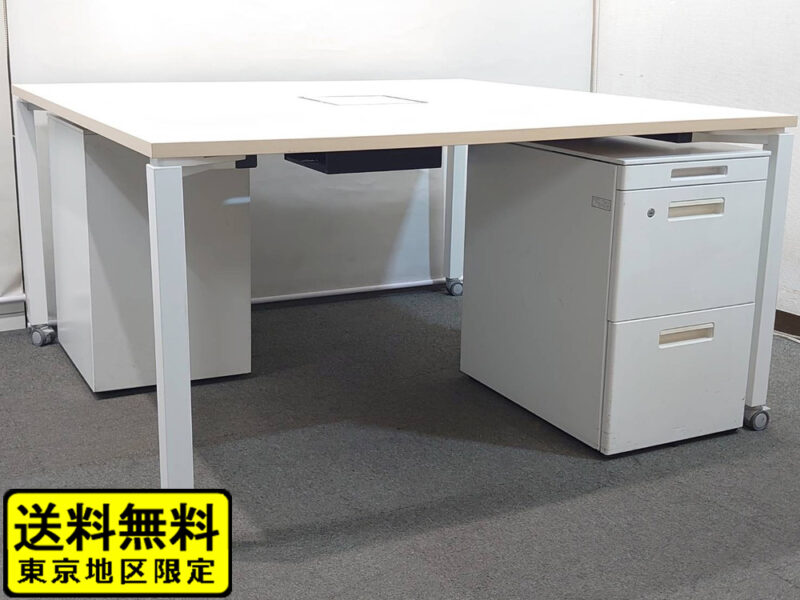 【送料無料 東京地区限定】 ２人用 コクヨ ワークフィット ワークデスク スタンダードテーブル W1400×D1400×H720 フリーアドレスデスク オフィスデスク ワークテーブル 両面タイプ キャスター脚 SDT-WF1414M10N ナチュラル GTワゴン 国産【中古オフィス家具】【中古】