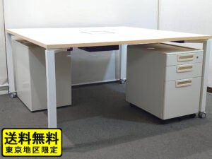 コクヨ ワークフィットデスク 2人用セット ナチュラル+LAワゴン2台付