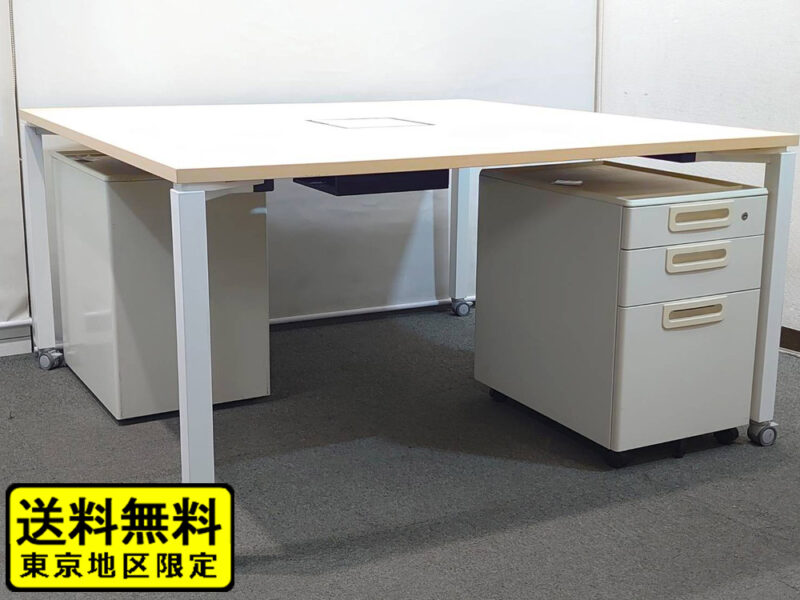 【送料無料 東京地区限定】 ２人用 コクヨ ワークフィット ワークデスク スタンダードテーブル W1400×D1400×H720 フリーアドレスデスク オフィスデスク ワークテーブル 両面タイプ キャスター脚 SDT-WF1414M10N ナチュラル プラス LAワゴン 国産【中古オフィス家具】【中古】