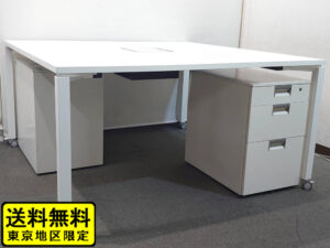 【送料無料 東京地区限定】 2人用 コクヨ ワークフィット ワークデスク スタンダードテーブル W1400×D1400×H720 フリーアドレスデスク オフィスデスク ワークテーブル 両面タイプ キャスター脚 SDT-WF1414MAW ホワイト イトーキ CX 3段ワゴン 国産【中古オフィス家具】【中古】
