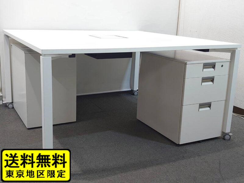 【送料無料 東京地区限定】 ２人用 コクヨ ワークフィット ワークデスク スタンダードテーブル W1400×D1400×H720 フリーアドレスデスク オフィスデスク ワークテーブル 両面タイプ キャスター脚 SDT-WF1414MAW ホワイト イトーキ CX ３段ワゴン 国産【中古オフィス家具】【中古】