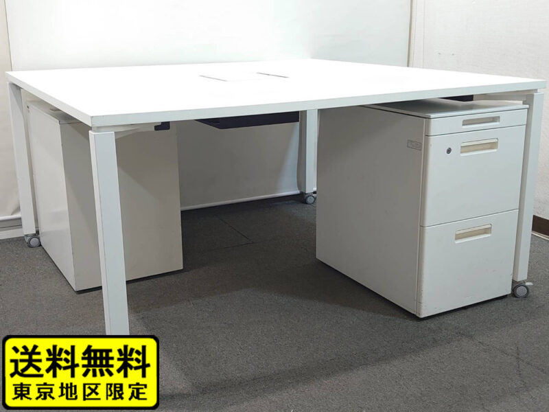 【送料無料 東京地区限定】 ２人用 コクヨ ワークフィット ワークデスク スタンダードテーブル W1400×D1400×H720 フリーアドレスデスク オフィスデスク ワークテーブル 両面タイプ キャスター脚 SDT-WF1414MAW ホワイト ３段ワゴン GT 国産【中古オフィス家具】【中古】