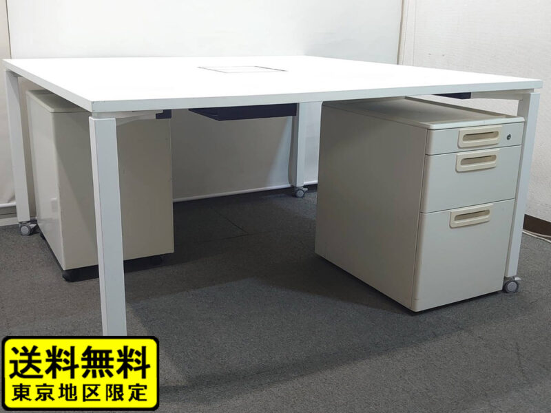 【送料無料 東京地区限定】 ２人用 コクヨ ワークフィット ワークデスク スタンダードテーブル W1400×D1400×H720 フリーアドレスデスク オフィスデスク ワークテーブル 両面タイプ キャスター脚 SDT-WF1414MAW ホワイト プラス LAワゴン 国産【中古オフィス家具】【中古】