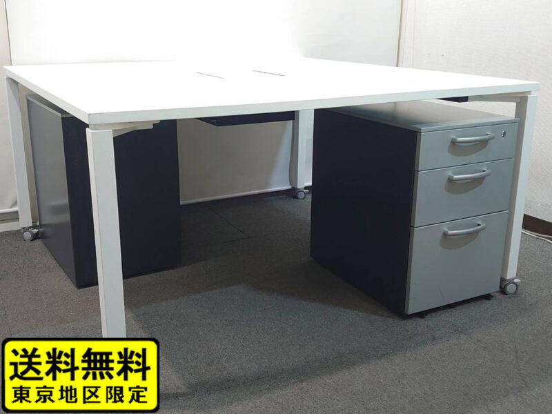 【送料無料 東京地区限定】 ２人用 コクヨ ワークフィット ワークデスク スタンダードテーブル W1400×D1400×H720 フリーアドレスデスク オフィスデスク ワークテーブル 両面タイプ キャスター脚 SDT-WF1414MAW ホワイト 国産【中古オフィス家具】【中古】
