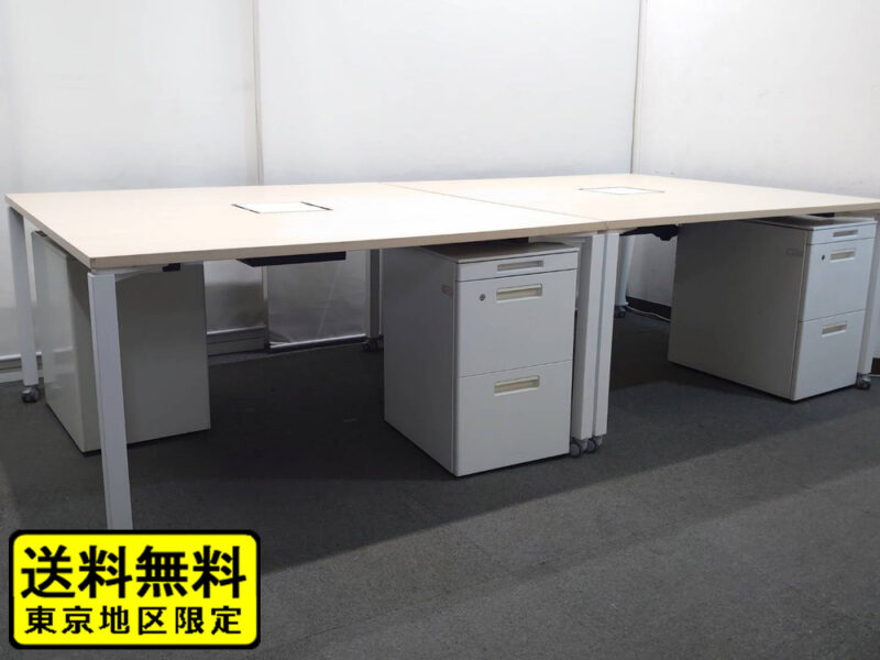【送料無料 東京地区限定】 ４人用 コクヨ ワークフィット ワークデスク スタンダードテーブル W1400×D1400×H720 フリーアドレスデスク オフィスデスク ワークテーブル 両面タイプ キャスター脚 SDT-WF1414M10N ナチュラル ３段ワゴン GT 国産【中古オフィス家具】【中古】