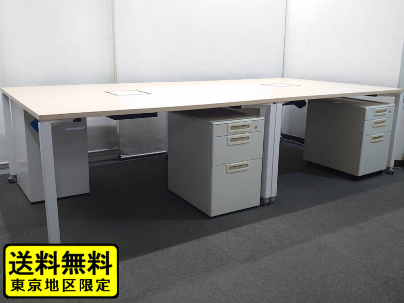 【送料無料 東京地区限定】 ４人用 コクヨ ワークフィット ワークデスク スタンダードテーブル W1400×D1400×H720 フリーアドレスデスク オフィスデスク ワークテーブル 両面タイプ キャスター脚 SDT-WF1414M10N ナチュラル プラス３段ワゴン LA 国産【中古オフィス家具】【中古】