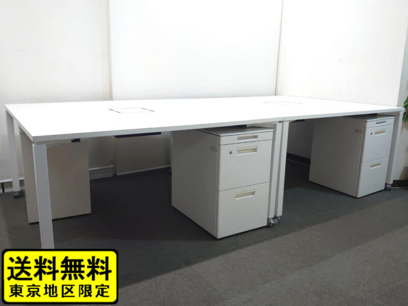 【送料無料 東京地区限定】 ４人用 コクヨ ワークフィット ワークデスク スタンダードテーブル W1400×D1400×H720 フリーアドレスデスク オフィスデスク ワークテーブル 両面タイプ キャスター脚 SDT-WF1414MAW ホワイト ３段ワゴン GT 国産【中古オフィス家具】【中古】