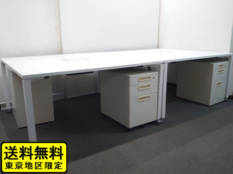 【送料無料 東京地区限定】 ４人用 コクヨ ワークフィット ワークデスク スタンダードテーブル W1400×D1400×H720 フリーアドレスデスク オフィスデスク ワークテーブル 両面タイプ キャスター脚 SDT-WF1414MAW ホワイト プラス LAワゴン 国産【中古オフィス家具】【中古】