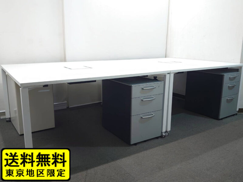 【送料無料 東京地区限定】 ４人用 コクヨ ワークフィット ワークデスク スタンダードテーブル W1400×D1400×H720 フリーアドレスデスク オフィスデスク ワークテーブル 両面タイプ キャスター脚 SDT-WF1414MAW ホワイト 国産【中古オフィス家具】【中古】