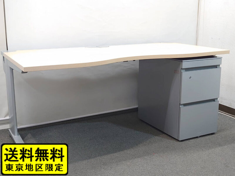 コクヨ 片袖机セット（W1600×D700～800×H700）デスク＆3段ワゴン 鍵付き【中古オフィス家具】