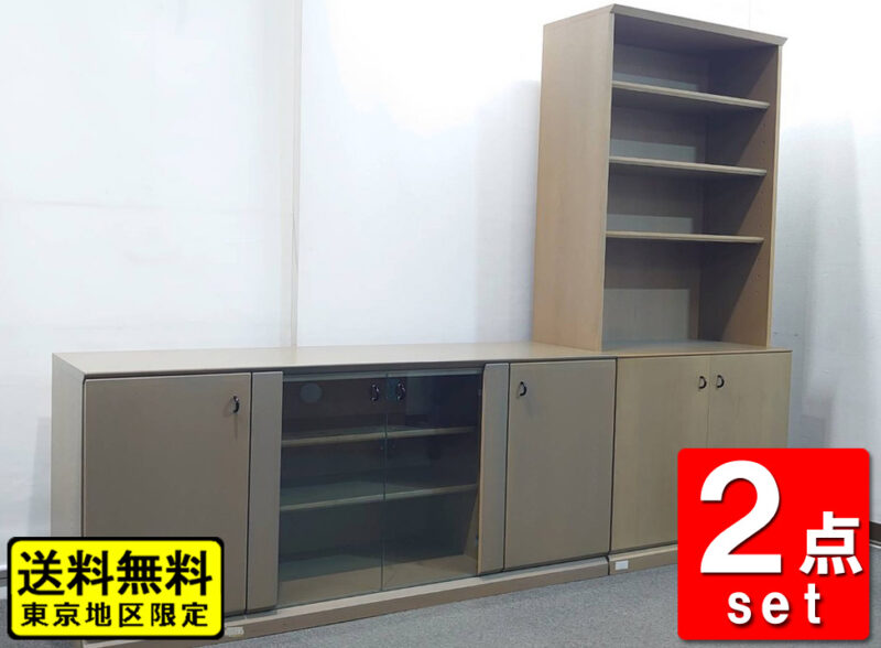 木製 キャビネット ローボード 2点セット 収納家具 木製家具 中古キャビネット 書庫 収納棚 【中古】